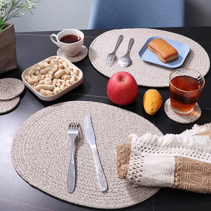 Braided Placemats Set of 6, Cotton Fabric Oval Table Mats Non Slip Washable 16 * 12 inch Oval Place Mats, 6 Pack Mix Brown Rope Woven Placemats