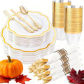 YOUBET 350 PCS White and Gold Plastic Plates - Disposable Plates for 50 Guests Tableware Includes 150 Gold Plastic Silverware, 50 Cups, 50 Napkins, for Wedding Party & Thanksgiving