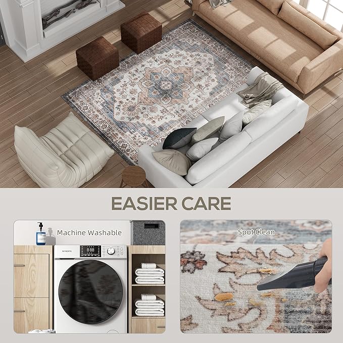 HOMCOM Washable Area Rug, 4'x6' Vintage Indoor Distressed Carpet, Retro Floor Cover Foldable, Floral Print Mat for Living Room, Bedroom, Dining Room, Brown and Light Blue