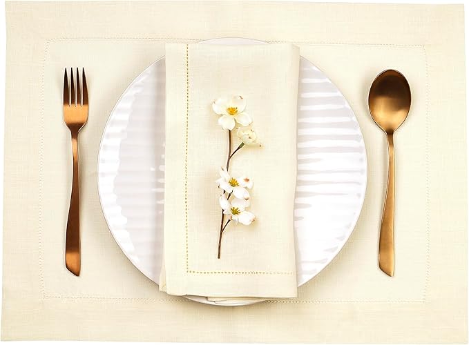 D'Moksha Homes Cream Linen Cloth Placemats Set of 4-100% Pure Linen Hemstitch Placemats 14 x 19 Inch - Classic Hemstitch Table Place Mats for Spring, Easter - Handcrafted and Machine Washable