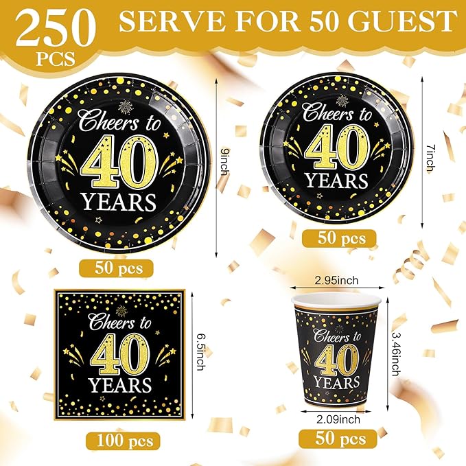 Pickmesh 250 Pcs 40th Birthday Disposable Tableware Set Black and Gold Cheers to 40 Years Disposable Paper Plates Napkins and Cups for 40th Birthday Wedding Anniversary Party Supplies Decorations