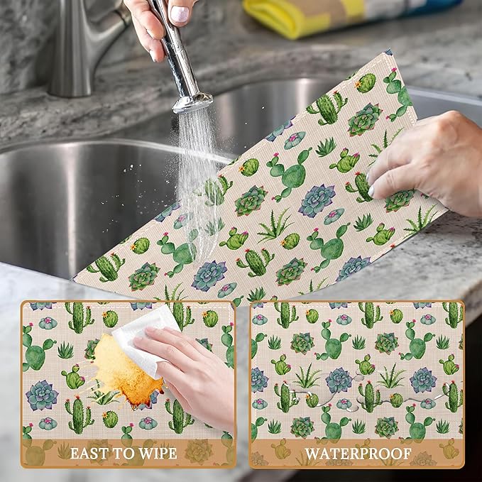 Cactus and Succulent Watercolor Placemats Set of 6 Washable Table Mats for Kitchen Dining Table,Heat-Resistant Place Mats for Indoor Outdoor Party Holiday Decoration
