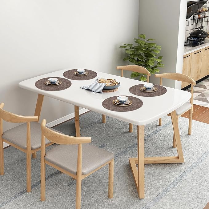 Homaxy Round Faux Leather Placemats and Coasters, Washable Dual-Side Table Mats, Wipeable Heat-Resistant Dining Place Mats for Outdoor and Indoor, Set of 4, Diameter 13 and 3.93 inch, Dark Brown