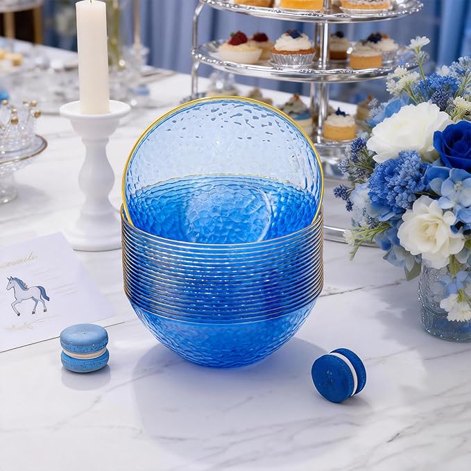 Tinybee 30 Pack Blue Plastic Bowls - Blue Disposable Bowls for Party with Gold Rim, 16-20oz Premium Hammered Bowls Disposable Heavy Duty, Plastic Salad Bowls for Milk Cereals, Snacks, Salads