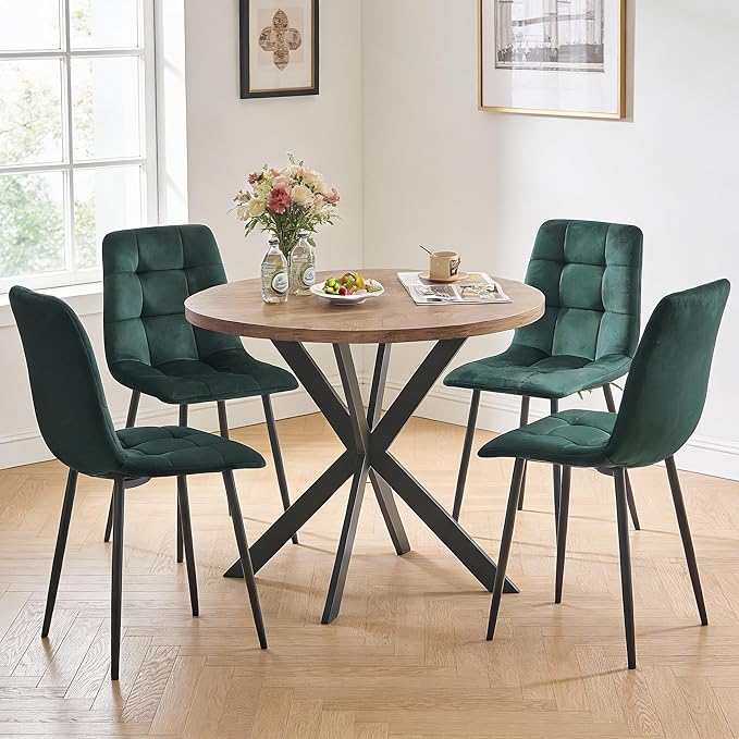 5-Piece Round Dining Table Set - Kitchen Table Chairs Set of 4 with Green Velvet Upholstered Chairs -Dining Table Set for 4