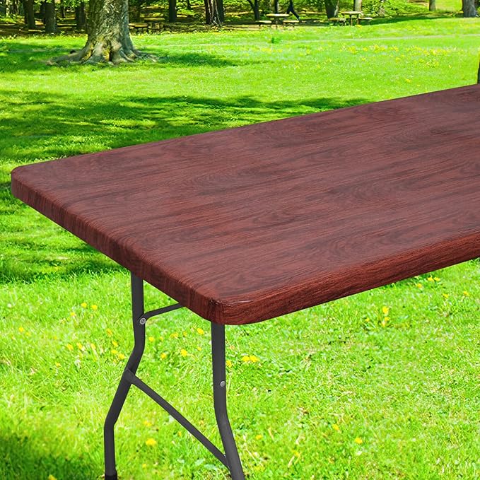 Smiry Rectangle Table Cloth Cover, Waterproof Elastic Fitted Picnic Tablecloth for 4 Foot Tables, Wipeable Flannel Backed Vinyl Tablecloths for Camping, Dining, Outdoor (Reddish Brown, 24" x 48")