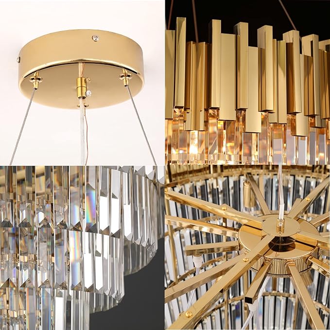 Modern Crystal Chandelier Gold Round Chandeliers Light Fixture for Dining Room Raindrop Pendant Ceiling Lighting Foyer Hallway Entryway Chandelier 5-Tier 10 Lights W23.6