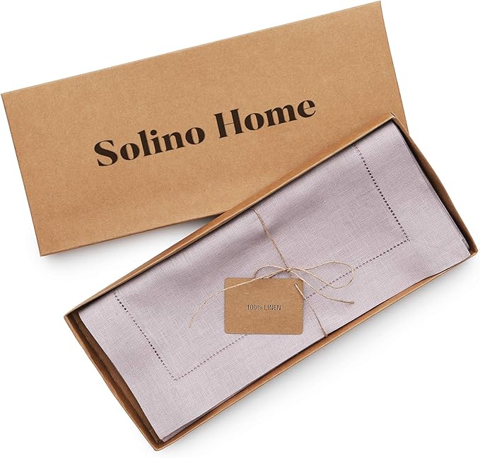 Solino Home Linen Lilac Table Runner 90 Inches Long - 100% Pure Linen Hemstitch 14 x 90 Inch Table Runner for Dining, Valentines, Spring, Easter - Classic Hemstitch