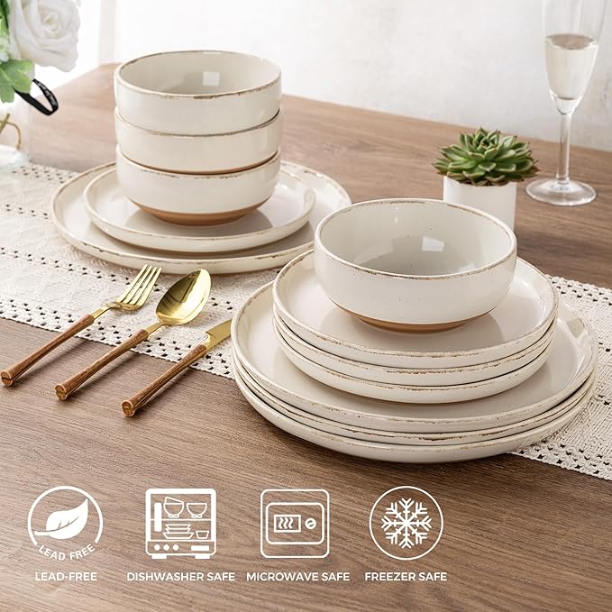 AmorArc 24 Pieces Ceramic Dinnerware Sets for 8, Handpainted Stoneware Plates and Bowls Set with Rustic Terracotta Underside, Scratch Resistant Dishes Set, Dishwasher & Microwave Safe