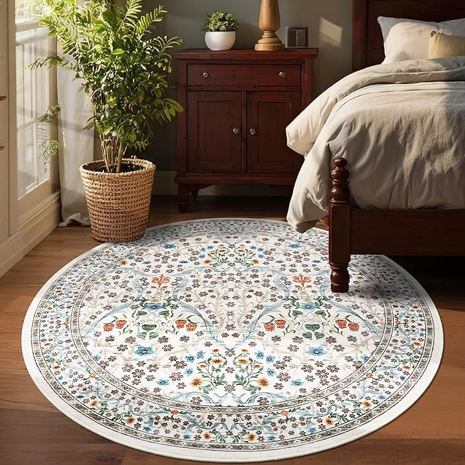 GarveeHome Beige Ivory Floral 6 ft Round Rug Washable Non-Slip Soft Low Pile Circle Carpet Vintage Rugs for Kitchen Bedroom Nursery Dining Living Room