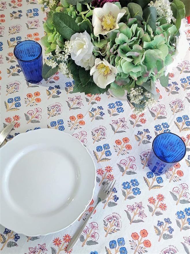 ATOSII Flora Bloom 100% Cotton Rectangle Summer Tablecloth, Block Print Floral Table Cloth Linen for Kitchen Dining I Parties Wedding Outdoors I Home Decor 60 X 108 Inches I 8 Seater I Memorial Day