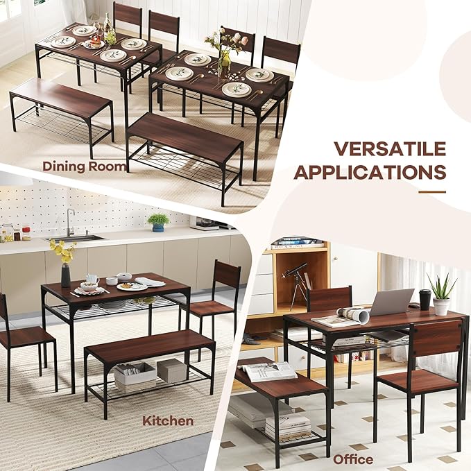 NAFORT 4-Piece Dining Table Set for 4, Industrial Kitchen Table with 2 Chairs & Bench, Rustic Wood Dining Set with Metal Frame & Storage Shelves, Space-Saving Dining Furniture for Apartment