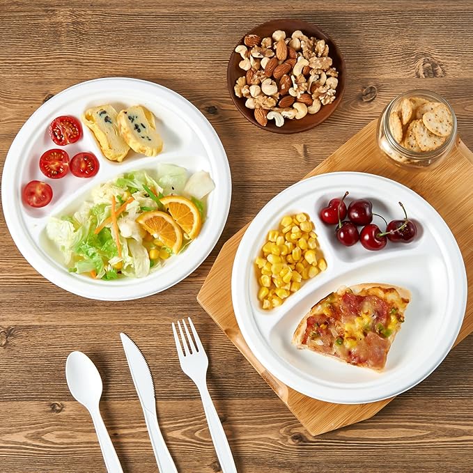 Vplus 100% Compostable Paper Plates, 150 Pack 9 Inch 3 Compartment Plates Disposable, Heavy Duty Biodegradable Plates Made of Sugar Cane Fibers, for Daily meals, Dinner, Parties, BBQ