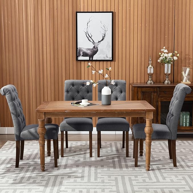 COLAMY Button Tufted Dining Chairs Set of 2, Parsons Upholstered Fabric Dining Room Chairs Kitchen Chairs with Wood Legs and Padded Seat, Dark Grey