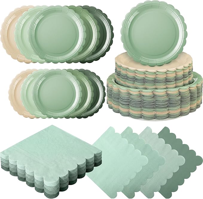 200pcs Sage Green Plates and Napkins Tableware Set Serve 50 Guests Includes Scalloped 9" 7" Paper Dessert Dinner Plate Green Series Napkins for Spring Birthday Wedding Baby Shower Tea Party