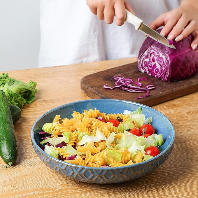Sureasy Pasta Bowls Set of 4-30oz Large Embossed Serving Bowl Plates, 8.5 Inch Wide and Shallow Plate Bowls, Microwave, Oven & Dishwasher Safe, Blue
