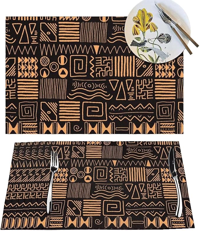 African Ethnic Pattern Placemats Set of 6 Abstract Tribal Art Wipeable Table Mats Reusable Washable PVC Rectangle Place Mats for Kitchen Dining Home Decor 12x18 Inches