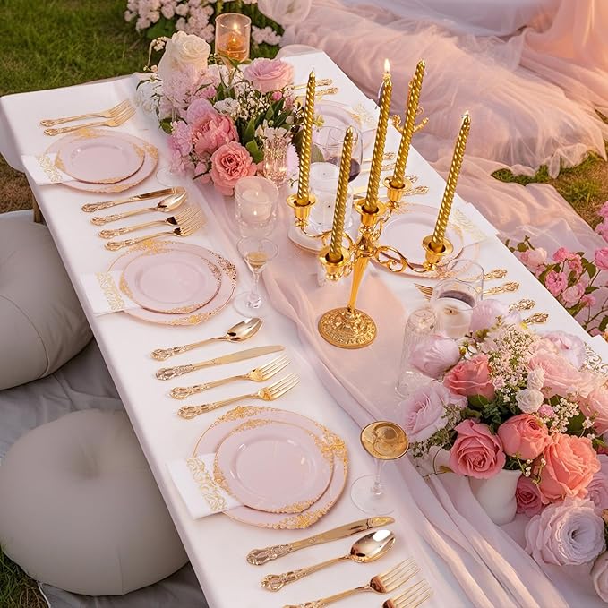 Ciaell 300PCS Pink and Gold Plastic Plates - Pink Disposable Dinnerware Sets for 50 Guests - 100 Plates, 50 Knives, 50 Forks, 50 Spoons, and 50 Napkins for Wedding, Party & Valentine's Day
