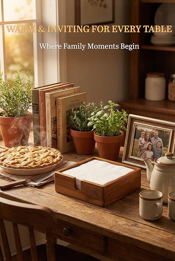 Acacia Lunch Napkin Holder 7.8 x 7.8 inches for Dining Table and Kitchen – Napkin Dispenser Made from Brown Acacia Wood – Premium Quality Feel for Dessert Beverage Party Dinner Luncheon Bar Table