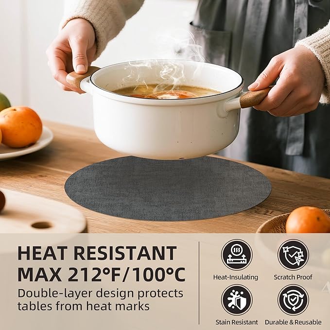 15 inch Faux Leather Round Placemats Set of 4 Non-Slip Washable Wipeable Table Mats, Heat Resistant Waterproof Oilproof Black Place Mats for Kitchen, Dining, Party, Indoor, Outdoor