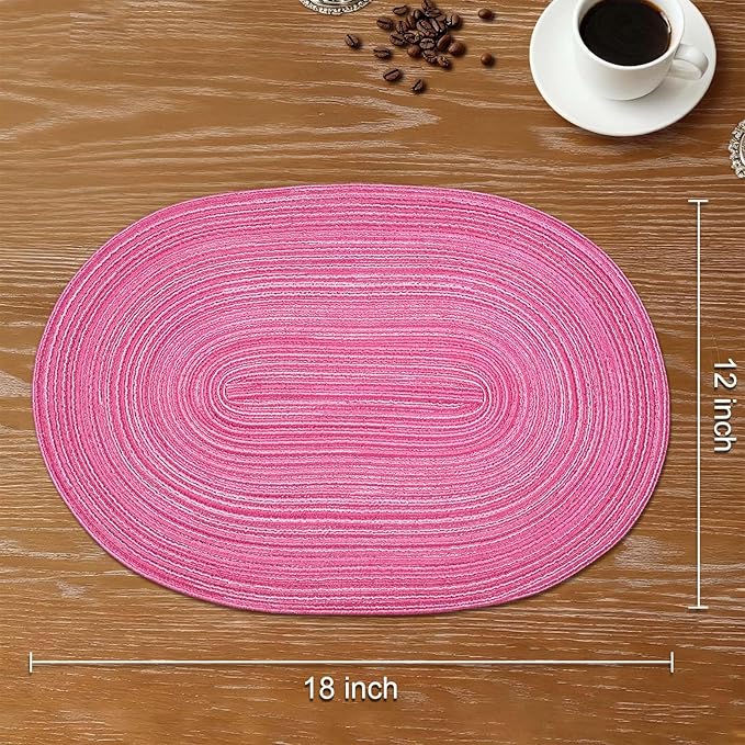 Noctiflorous Oval Braided Placemats Set of 6 Woven 12x18 Inch Non Slip Washable Heat Resistant Place Mats Tablemats for Dining Kitchen Party Daily Table Decor Dinner Mats (Hot Pink, 6)
