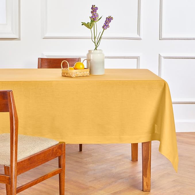 Solino Home Linen Tablecloth 60 x 120 Inch - 100% Pure Linen Mustard Yellow Table Cloth for Rectangle Tables - Fete, Machine Washable Tablecloth for Spring, Easter