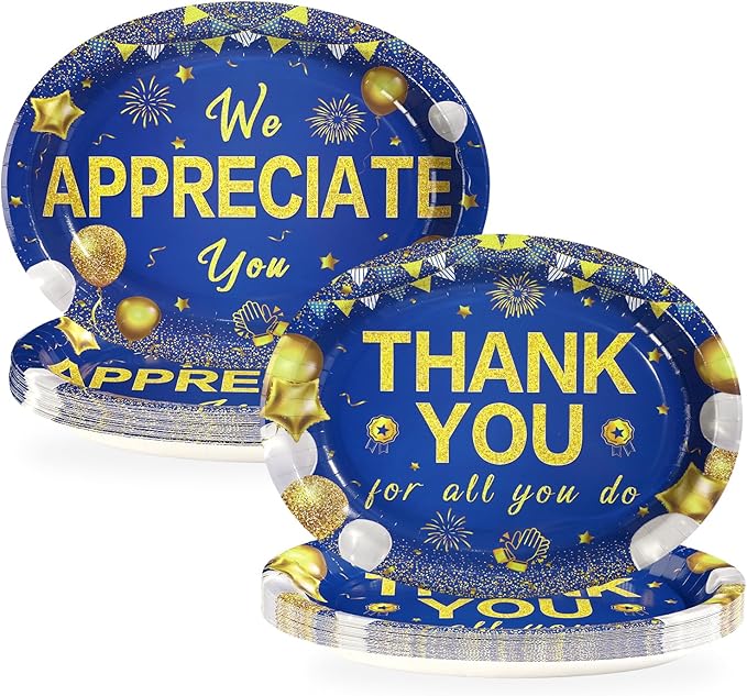50Pcs Thank You Party Decorations We Appreciate You Oval Paper Plates 10" x 12" Heavy Duty Blue Gold Appreciation Paper Plates for Teacher Employee Staff Volunteer Appreciation Party Supplies