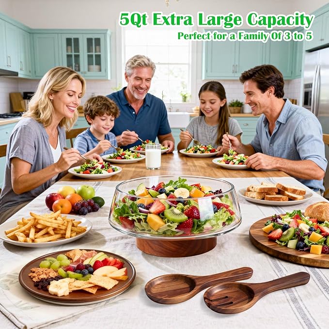 Extra Large Glass Salad Bowl with Lid Set, 5-Qt (160 fl oz) Mixing/Serving Bowl with Wood Base & Salad Servers, Trifle Bowl for Kitchen, Parties & Christmas