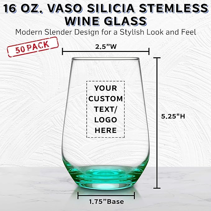DISCOUNT PROMOS 50 Vaso Silicia Stemless Wine Glasses Set, 16 oz. - Personalized Text, Logo - Clear, Orb-Like, Thick base - Green