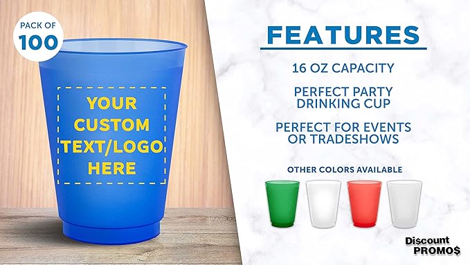 DISCOUNT PROMOS Custom Frosted Plastic Stadium Cups, 100 pack, Promotional Text, Logo, 16 oz. Shatterproof Flexible Reusable Party Cups, Blue