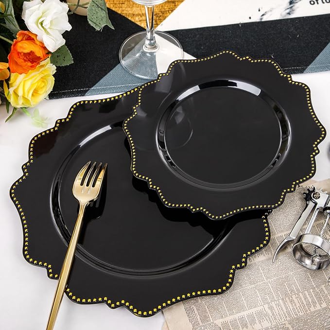 COLOSUS 60pcs Disposable Plastic Plates Set, Gold Black Party Plates, 30pcs Dinner Plates and 30pcs Salad/Dessert Plates for Wedding, Party, Anniversary, Daily Use，New Year