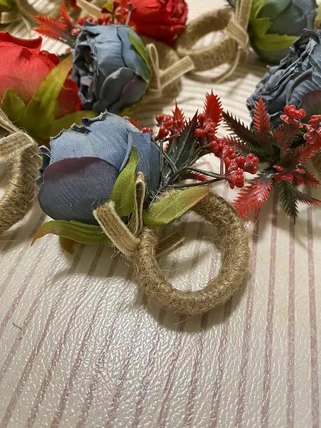 Floral Napkin Rings Set of 6,Rustic Rose Napkin Rings Flower Dinner Napkin Holder for Table Decoration (26#Blue)