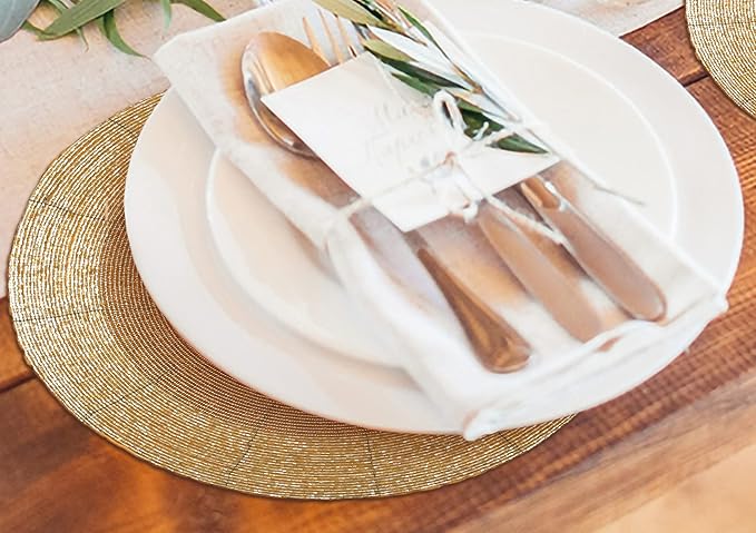Lightnpro Champagne Beaded Placemats Set of 4-13 Inch Round Handmade Table Chargers - Rustic Farmhouse Glitz Table Décor for Dining, Christmas, Thanksgiving, Easter, Parties & Celebrations