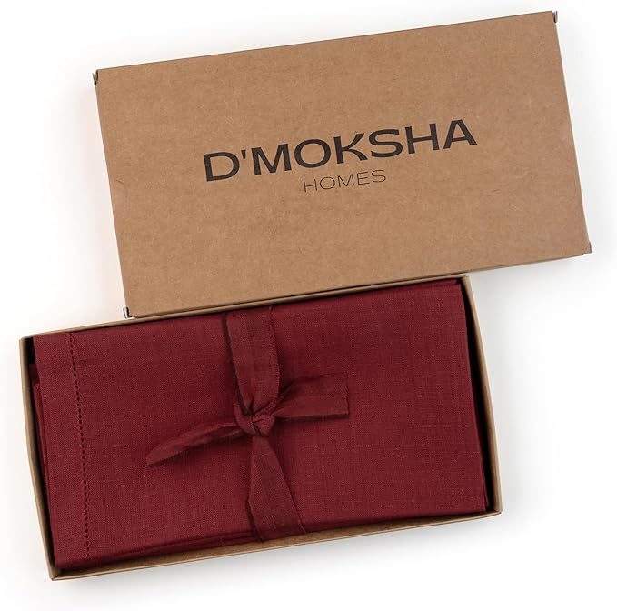 D'Moksha Homes Dark Red Linen Napkins Set of 4 - Classic Hemstitch 100% Pure Linen Hemstitch Dinner Napkins 20 x 20 Inch for Valentines, Spring - Handcrafted and Machine Washable