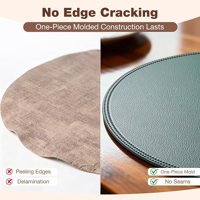 Round Vinyl Brown Placemats Set of 6, Faux Leather Waterproof Wipeable Heat Resistant Place Mats, Washable Table Mats for Halloween, Thanksgiving & Christmas Dinner(Dark Brown)