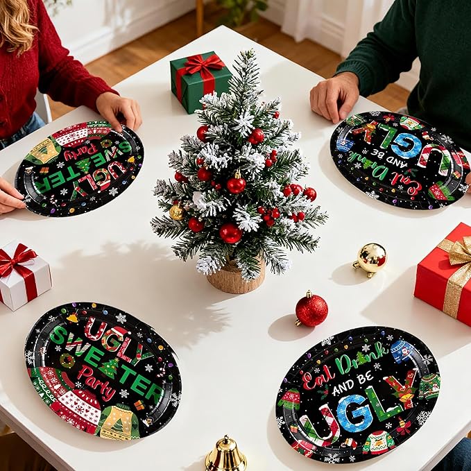 Grencian 50Pcs Ugly Sweater Oval Paper Plates 10" x 12" Large Disposable Heavy Duty Eat Drink And Be Ugly Paper Platters Tacky Sweater Dessert Plates for Winter New Year Holiday Dinner Party Supplies