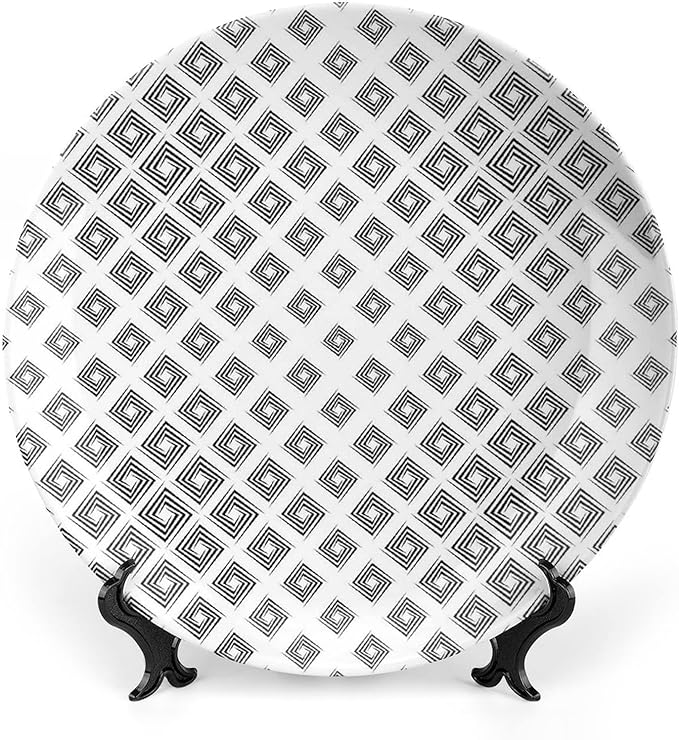 Decorative Plates, Abstract Print Ornament, Minimalist Geometric Diamond Shaped Square Lines, 10 Inch, 1 Plate with 1 Display Stand, Black White