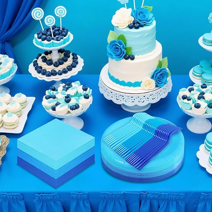 Serves 35 Guests Dusty Blue Plates and Napkins Party Supplies,7" Gradient Blue Birthday Dessert Paper Plates and Napkins,Disposable Party Dinnerware for Wedding,Graduation