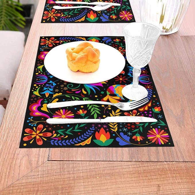 Mexican Placemats Set of 4 Linen 12"x18" Mexican Flower Decorative Kitchen Table Mats for Dining Kitchen Party Home Decor Washable Place Mats