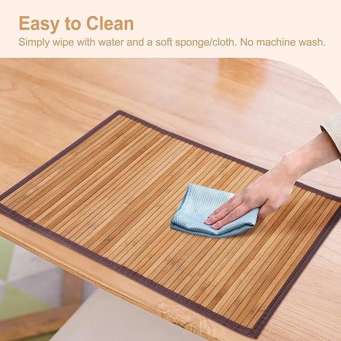 Bamboo Placemats with Fabric Border Set of 4 Natural Bamboo Rectangular Rolling Table Mats for Dining Kitchen Table Heat Resistant Table Protection Light Brown