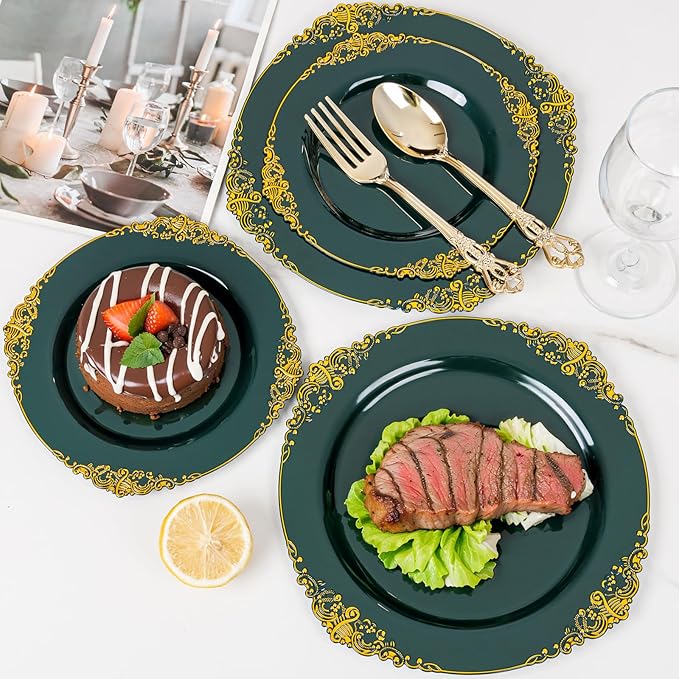 102PCS Green Plastic Plates - Green and Gold Plates - Fancy Heavy Duty Disposable Plate - Heavyweight Dinner & Dessert Plate for 51 Guests for Party & Wedding