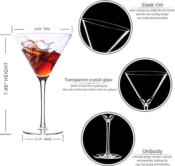 Handblown Crystal Martini Glasses Set of 4-9.5 oz Coupe Glass Set with Stem - Elegant Cocktail Glasses for Bar, Margarita, Cosmopolitan, Manhattan, Gimlet - Unique Gift for Mother’s Day