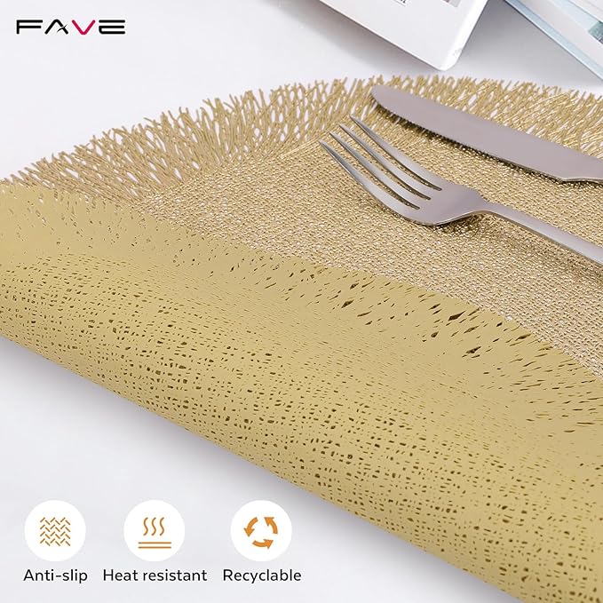 FAVE Gold Round Vinyl Placemats Set of 6, Washable Hollow Out Tassel Place Mats for Table Decoration, Daily Table Use, Holiday Decoration(15 inch,6PCS)
