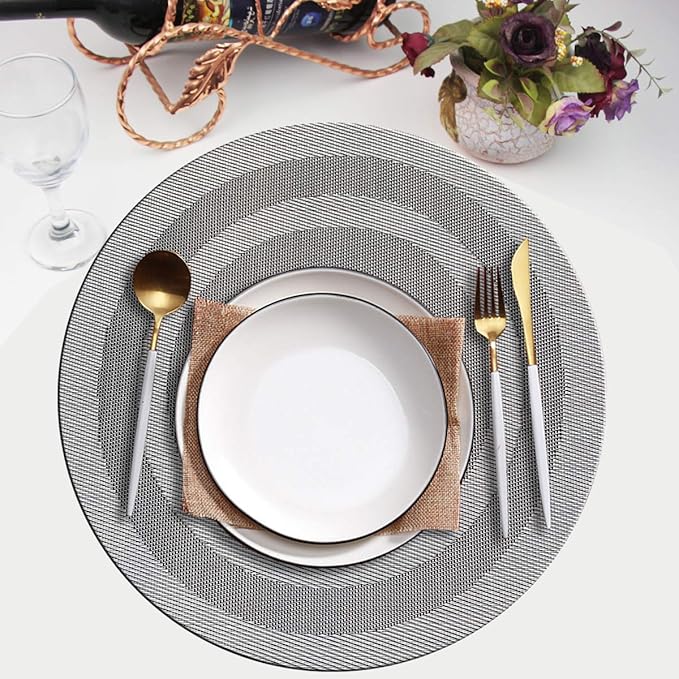 PIGCHCY Round Placemat Set of 6 Heat Resistant Vinyl Washable Kitchen 15 inch Placemats for Home Indoor Outdoor Party (6pcs, Deep Silver)
