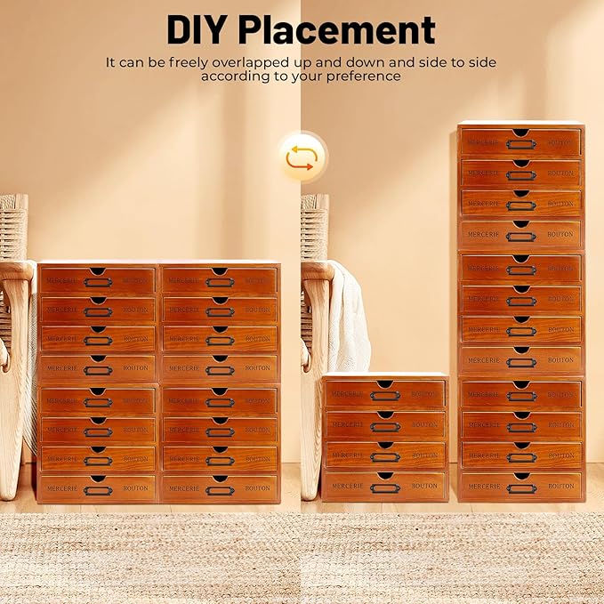 4PCS Stackable Wooden Desk Organizer with Total 16 Drawers, Apothecary Cabinet Library Card Catalog Cabinet Tabletop Vintage Apothecary Chests Cabinets Herb Storage Box with Drawers