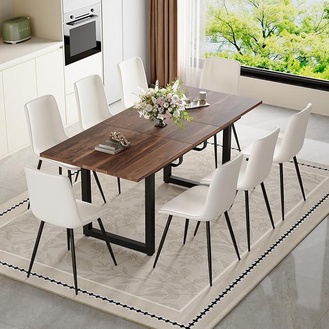Extendable Dining Table Set for 8, 55"–71" Modern Wood Kitchen Table with 8 Upholstered Chairs, Space-Saving for Living Room Apartment, Sturdy & Comfortable, Easy Assembly