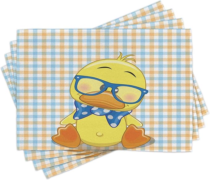 Ambesonne Cartoon Place Mats Set of 4, Hipster Boho Duck Dotted Bow Cool Free Smart Geese Design, Washable Fabric Placemats for Dining Table, Standard Size, Orange Yellow