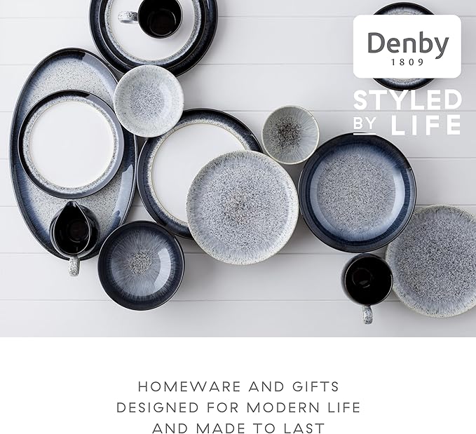 Denby - Halo Coupe Dinner Plates Set of 6-10.25 Inch Reactive Glaze, Dishwasher Microwave Oven Safe - Scratch Chip Resistant - Grey, Black Large Ceramic Stoneware Dinnerware Plates Set