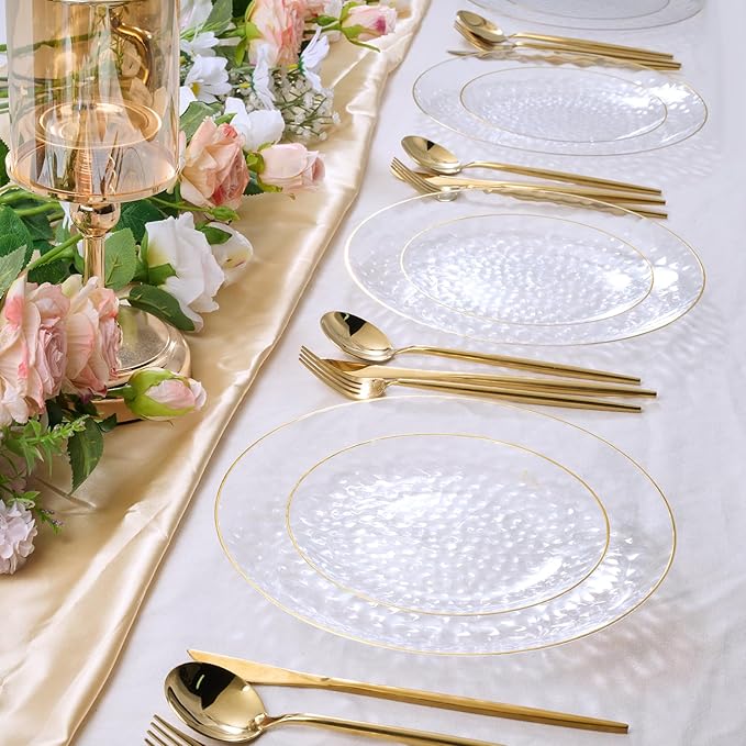 FOCUSLINE 60Pcs Clear Plastic Plates, Clear Disposable Plates with Gold Rim, 30 7" Salad Dessert Plate and 30 10" Dinner Plate Heavy-duty Hammered Plates for Party, Wedding