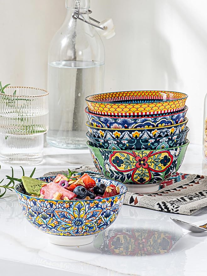 HENXFEN LEAD Small Dessert Bowls – 10 oz Boho Ceramic Bowls for Ice Cream, Snacks, Side Dishes, Condiments – Microwave & Dishwasher Safe, Set of 6